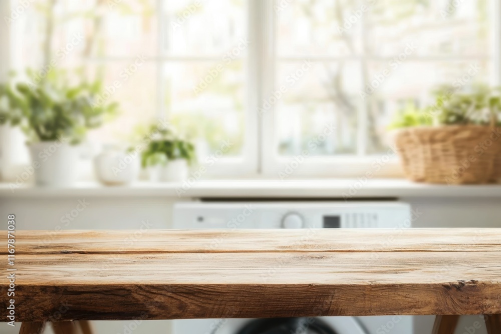 Sunlit kitchen with a wooden table surrounded by vibrant green plants Sunlit kitchen with a wooden table surrounded by vibrant green plants