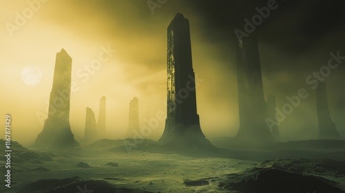 Ethereal Scene of a Dust-Covered World with Tall Dark Pillar Bathed in Dim Light Cinematic Image