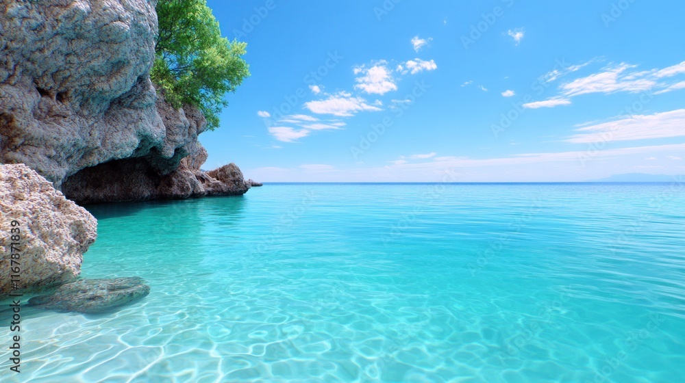 Fototapeta premium Serene tropical beach with clear turquoise water and rocky formations.