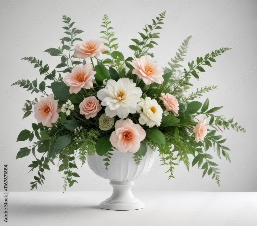 Obraz premium Exquisite floral arrangement with lush greenery on a soft white background, white flowers, eucalyptus
