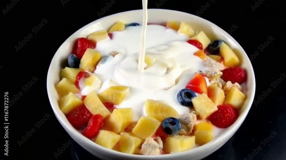 Cereal with milk fruit and grains floating showcasing vibrant textures for fresh playful breakfast or Fresh cereal with milk and fruit grains floating showcasing vibrant playful textures Cereal with milk fruit and grains floating showcasing vibrant textures for fresh playful breakfast or Fresh cereal with milk and fruit grains floating showcasing vibrant playful textures