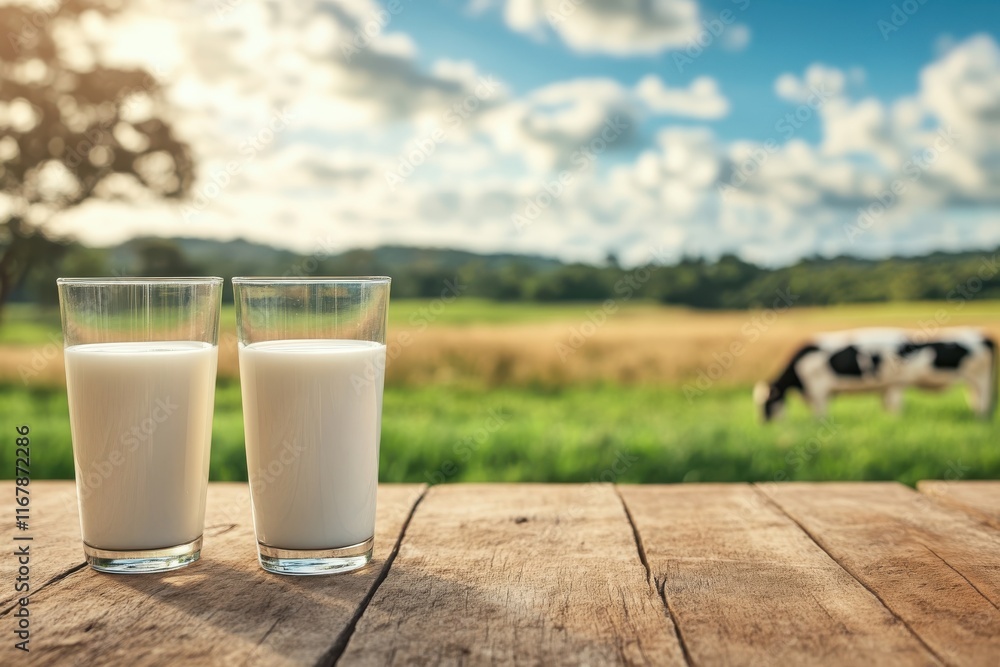 Fresh milk served on a rustic table with a serene countryside backdrop and grazing cow Fresh milk served on a rustic table with a serene countryside backdrop and grazing cow