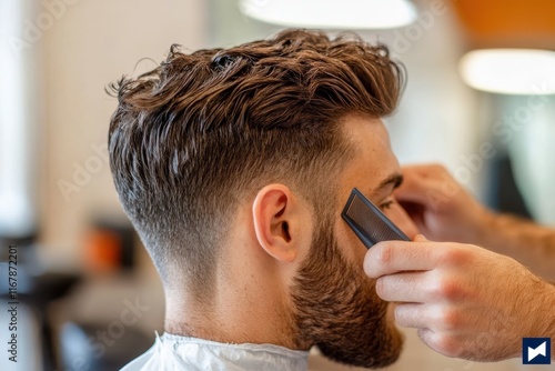 Modern haircut styling in a vibrant barbershop featuring a skilled barber and a satisfied customer