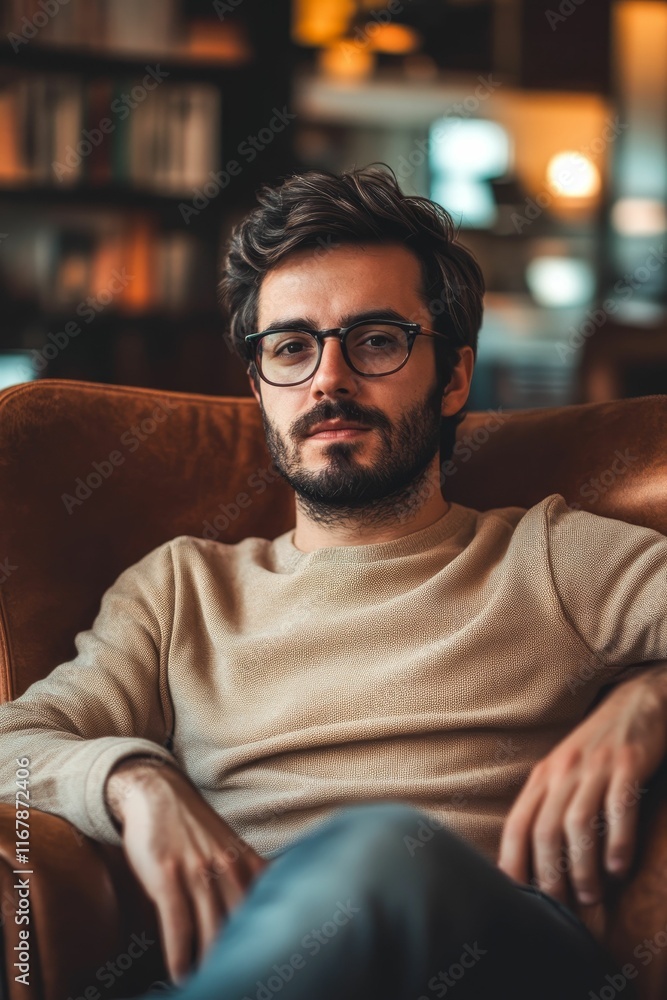 Obraz premium Man, glasses, sweater, armchair, serious expression.