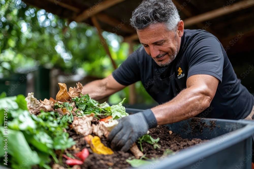 Fototapeta premium Engaging in composting to promote sustainable gardening practices in a sunny outdoor setting