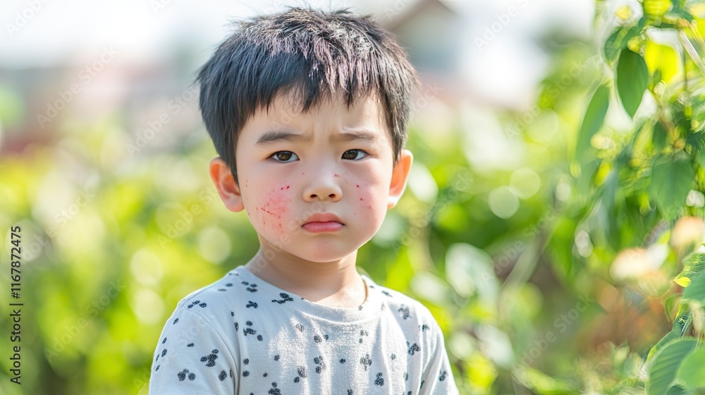 Sad boy with rash, outdoors, green background, medical illustration. Sad boy with rash, outdoors, green background, medical illustration.