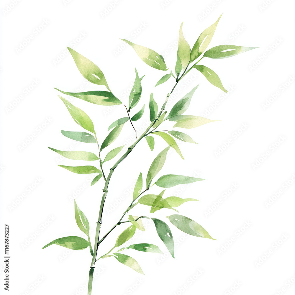 Fototapeta premium A Watercolor style depiction of bamboo branch with vibrant green leaves, showcasing nature beauty and tranquility