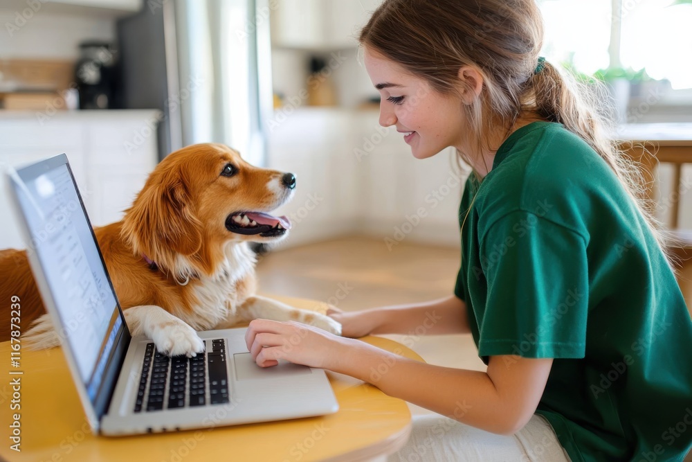 Young woman enjoys a cozy moment with her golden retriever while working on her laptop in a bright, inviting kitchen Young woman enjoys a cozy moment with her golden retriever while working on her laptop in a bright, inviting kitchen