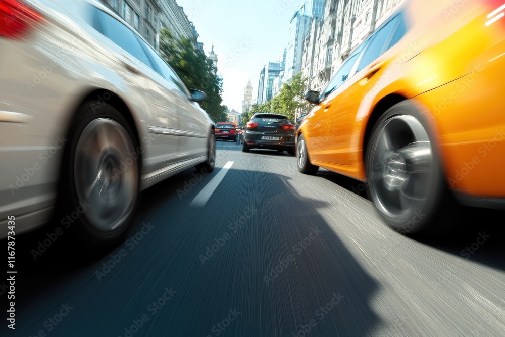 Urban rush hour captures the movement of vehicles on a busy city street lined with towering buildings Urban rush hour captures the movement of vehicles on a busy city street lined with towering buildings