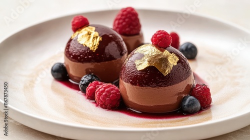 Chocolate mousse sphere with gold leaf and raspberry coulis photo