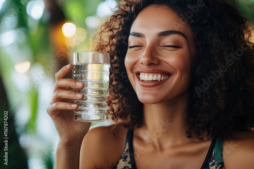 Joyful woman savors refreshing drink in lush tropical setting during sunny afternoon photo