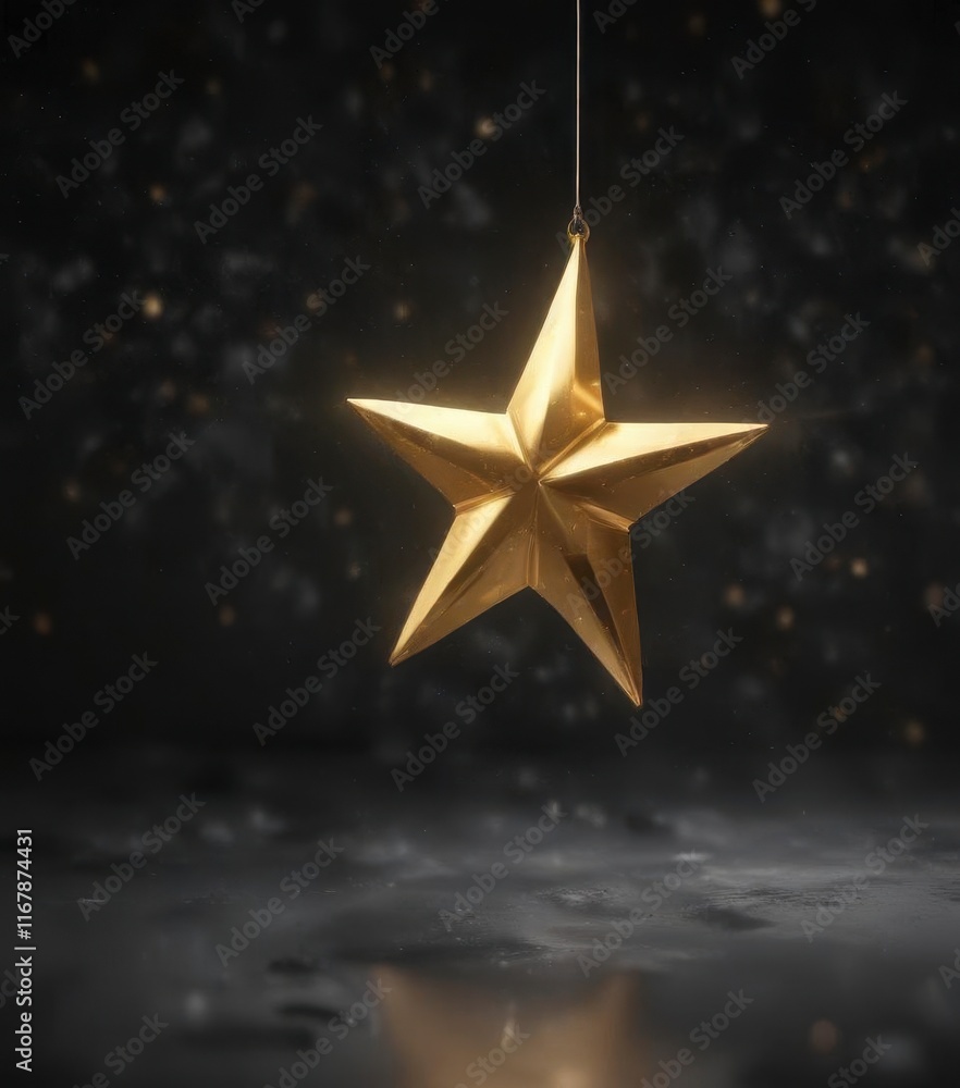 Glowing gold star suspended in space against a dark background, illuminated by soft white light, cosmic, gold star Glowing gold star suspended in space against a dark background, illuminated by soft white light, cosmic, gold star