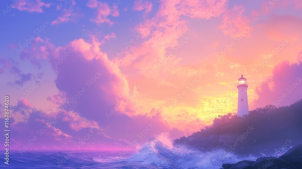 Guiding Light in Turbulent Times: Lighthouse Silhouettes Against Vibrant Sunset Sky with Crashing Waves Guiding Light in Turbulent Times: Lighthouse Silhouettes Against Vibrant Sunset Sky with Crashing Waves