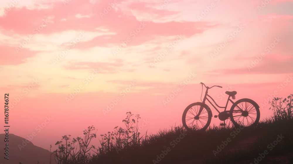 Golden Hour Reverie: Retro Bicycle Silhouette by Wildflowers at Sunset Overlook Golden Hour Reverie: Retro Bicycle Silhouette by Wildflowers at Sunset Overlook
