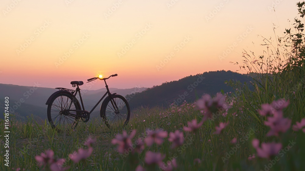 Naklejka premium Serene Sunset Silhouette: Vintage Bicycle at Scenic Overlook with Wildflowers.