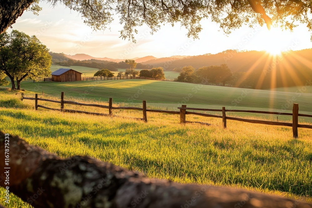 Obraz premium Warm sunlight bathes the tranquil landscape, highlighting a rustic barn and rolling fields at dusk