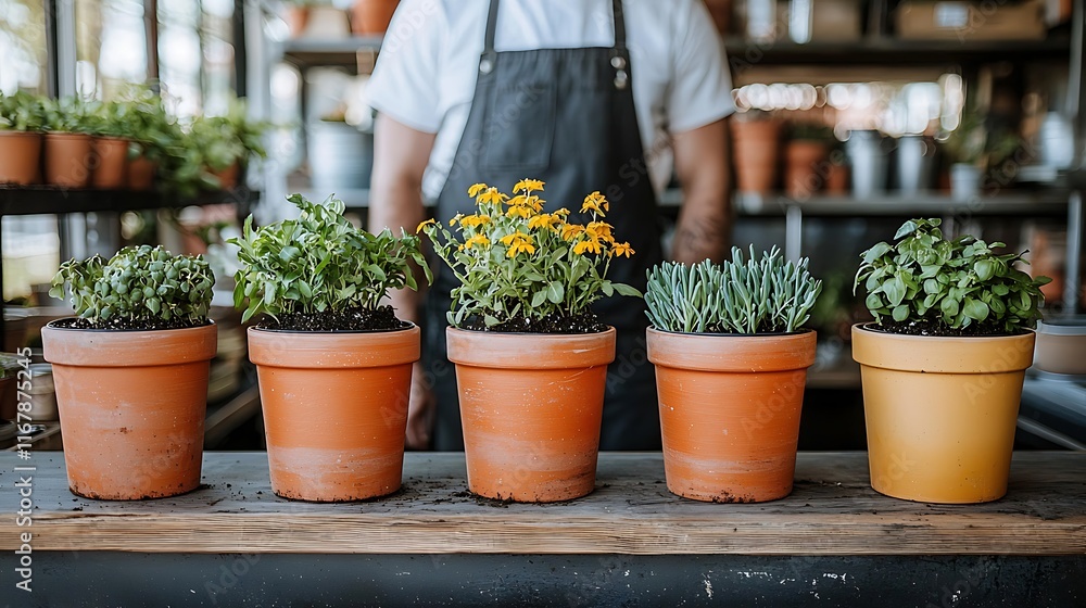 Five potted plants sit on a wooden shelf Five potted plants sit on a wooden shelf