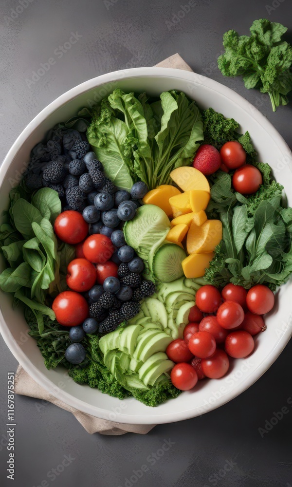 Leafy greens in a bowl with fruits and vegetables, nature, healthy eating, garden Leafy greens in a bowl with fruits and vegetables, nature, healthy eating, garden