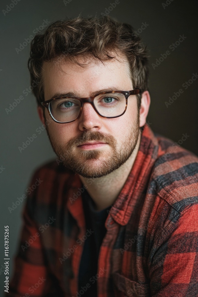 Obraz premium Close-up portrait; man, glasses, plaid shirt, beard.