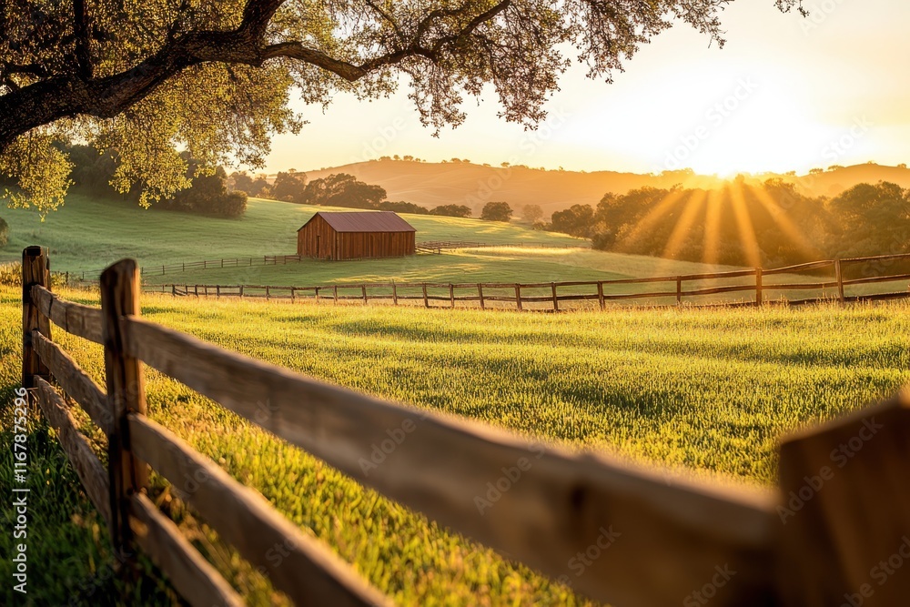 Fototapeta premium Sunrise over serene farmland with a rustic barn and golden fields in tranquil countryside