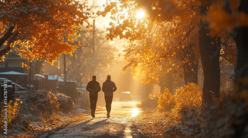 Two people jogging in a park path during autumn with sun rays. Two people jogging in a park path during autumn with sun rays.