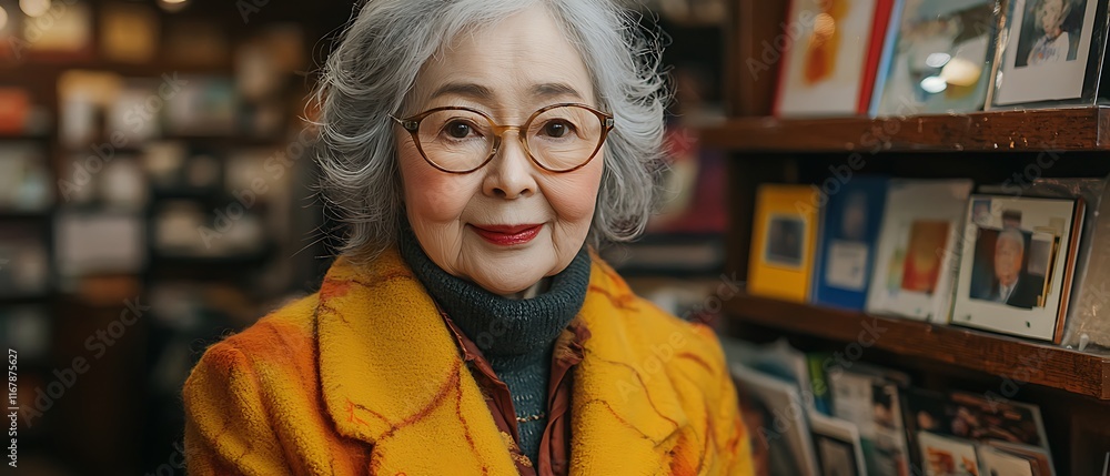 Portrait of a smiling senior woman in a yellow coat, standing in a bookstore. Portrait of a smiling senior woman in a yellow coat, standing in a bookstore.