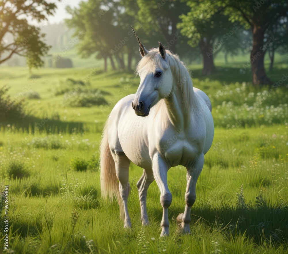 Majestic unicorn mare grazing in lush green meadow, horse, serene, animal Majestic unicorn mare grazing in lush green meadow, horse, serene, animal