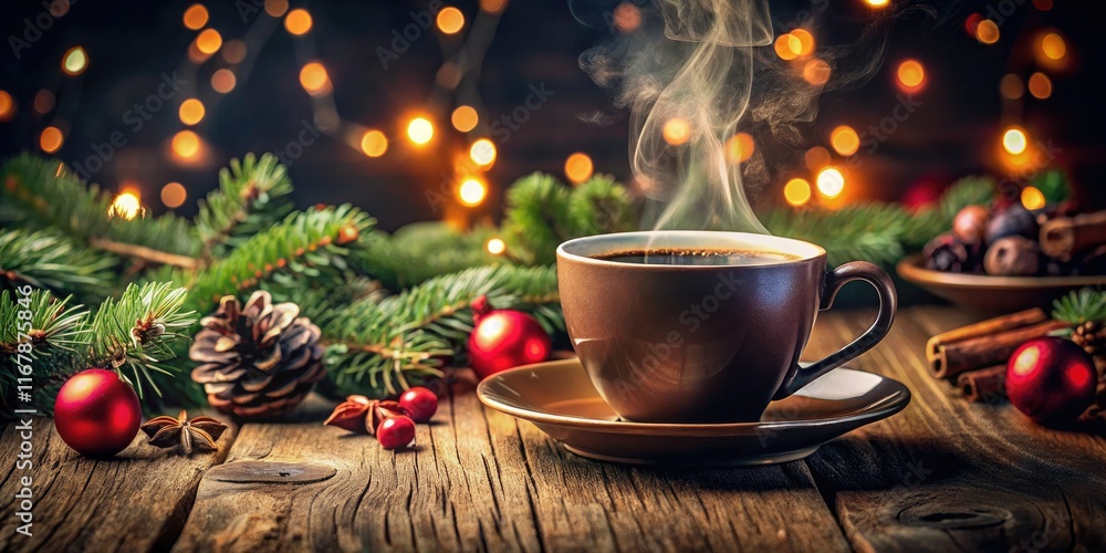 Obraz premium A festive holiday drink warms in a vintage black coffee cup.