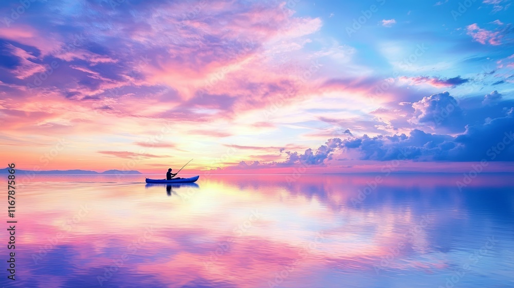 Fototapeta premium Serene Silhouette of Person Fishing from Kayak at Vibrant Sunset, Reflecting Tranquility and Solitude on Water.