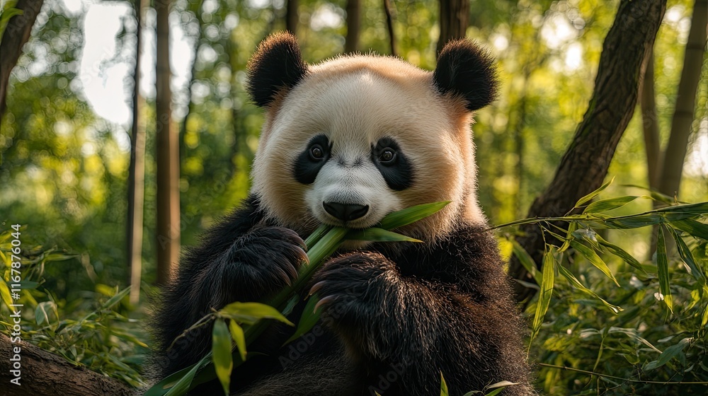 Obraz premium Panda eating bamboo in a lush forest habitat; wildlife conservation.