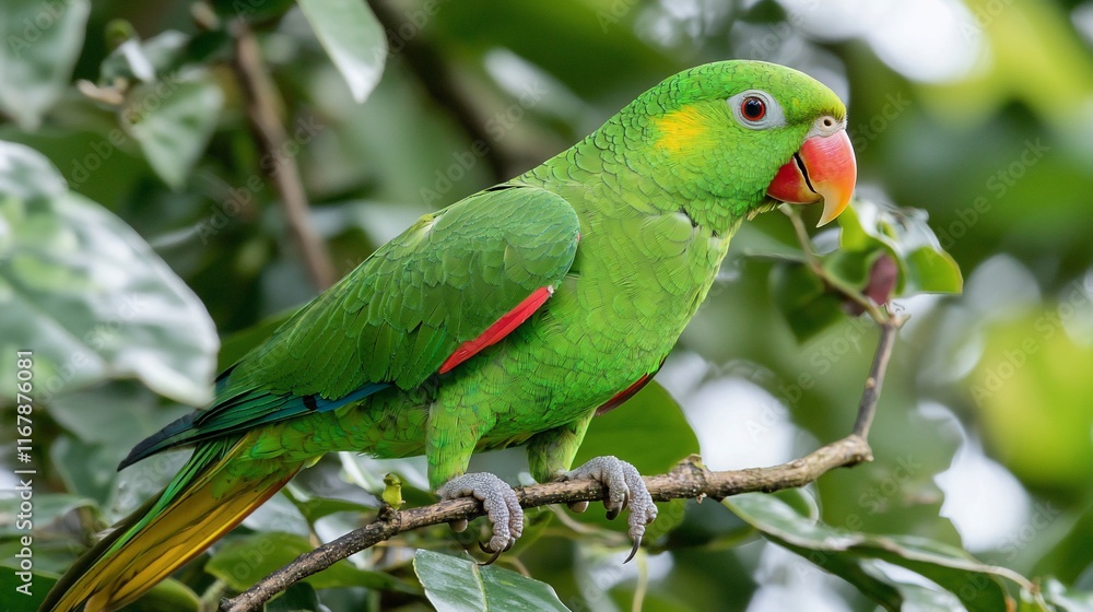 Vibrant green parrot perched on a branch. Vibrant green parrot perched on a branch.