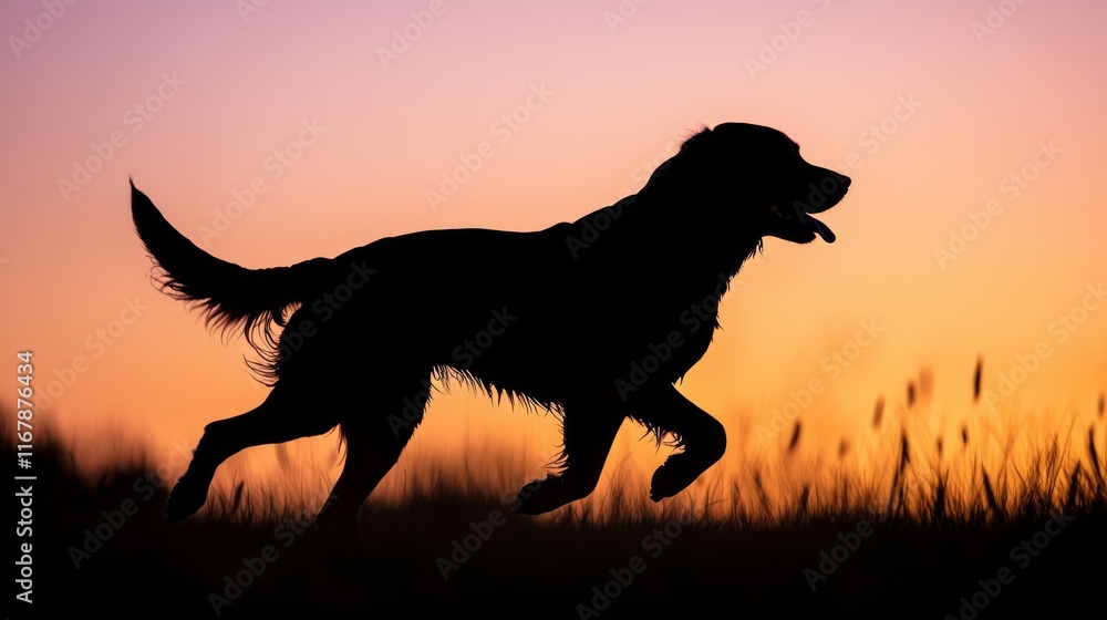 Serene Sunset: Silhouette of Joyful Dog Running on Beach at Dusk Embraced by Vibrant Shades of Orange and Purple Twilight Sky Serene Sunset: Silhouette of Joyful Dog Running on Beach at Dusk Embraced by Vibrant Shades of Orange and Purple Twilight Sky