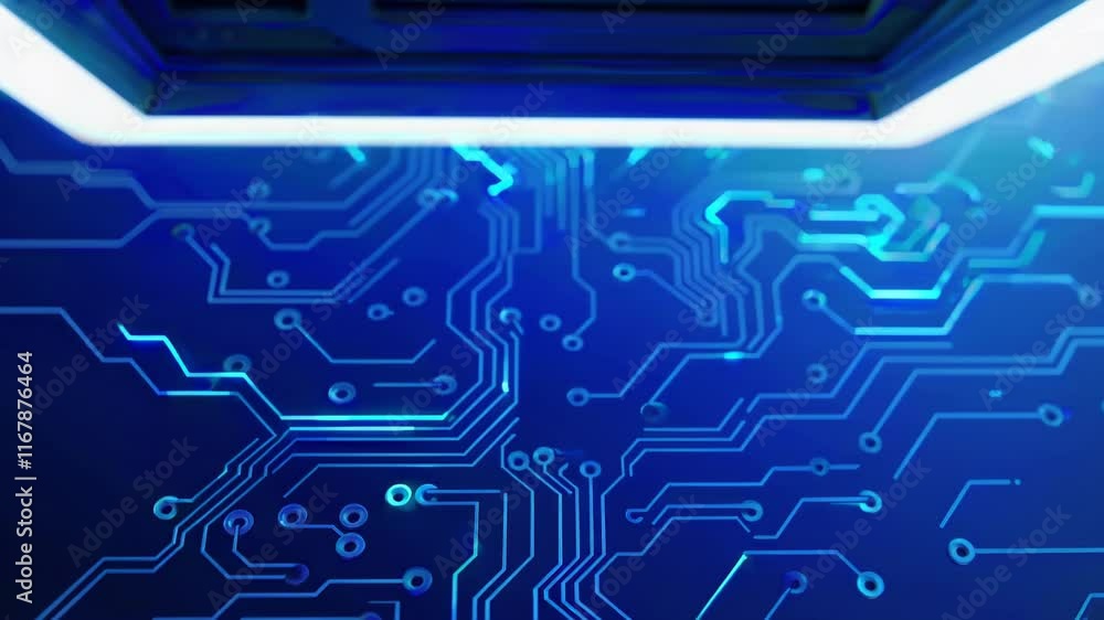 A futuristic circuit design with a blue light flare and hexagonal patterns, symbolizing innovation and high-tech advancements A futuristic circuit design with a blue light flare and hexagonal patterns, symbolizing innovation and high-tech advancements