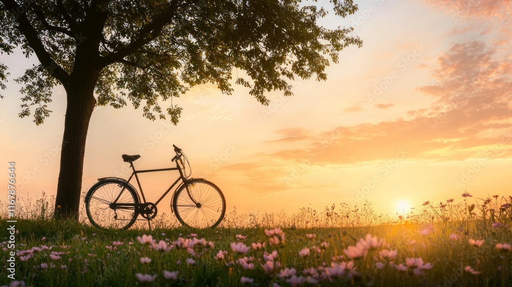 Obraz premium Serene Sunset: Silhouette of Bicycle Against Tree in Field of Wildflowers with Warm Glowing Sky
