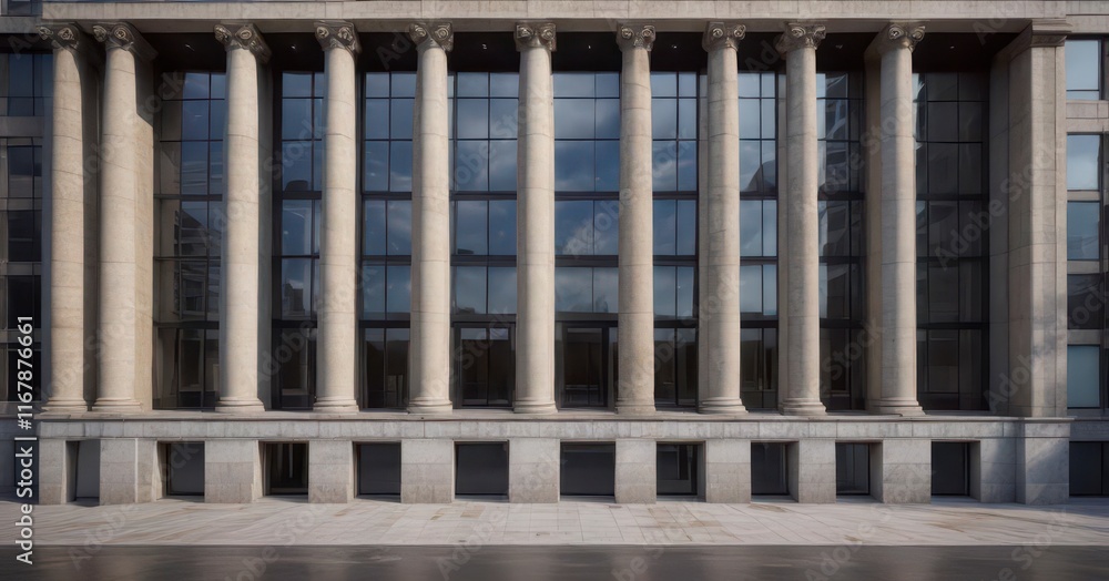 Office building facade with large windows and stone columns,  glass office building, office building exterior modern architecture,  stone columns