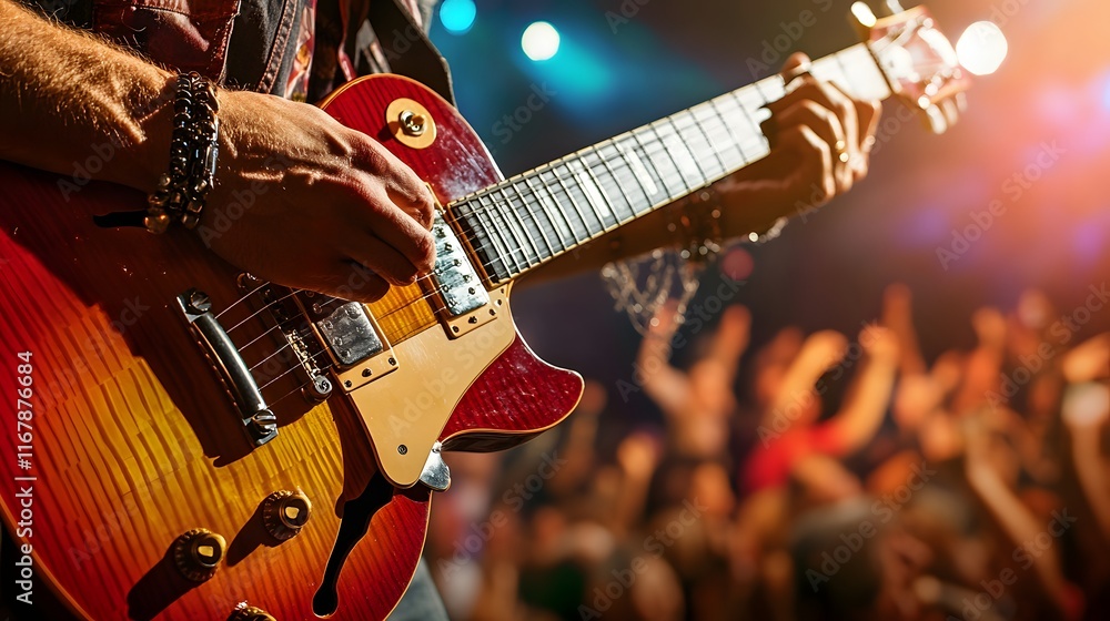 Obraz premium Musician Playing Electric Guitar On Stage Before Crowd