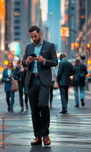 Businessman in NYC, checking his phone while crossing the street during evening rush hour.
