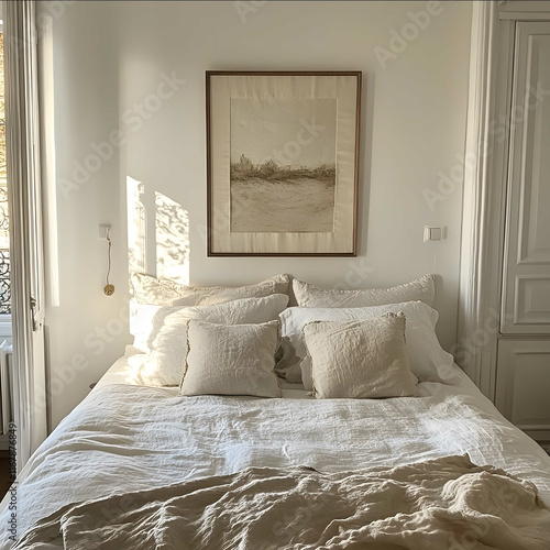 one wall a rectangular frame is hanging above the bed in a Paris apartment Anthropologie style and decor the bed is neatly made brightlylit bedroom well lit photo