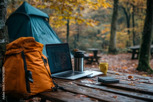 Laptop, backpack, autumn leaves, table, outdoor workspace.