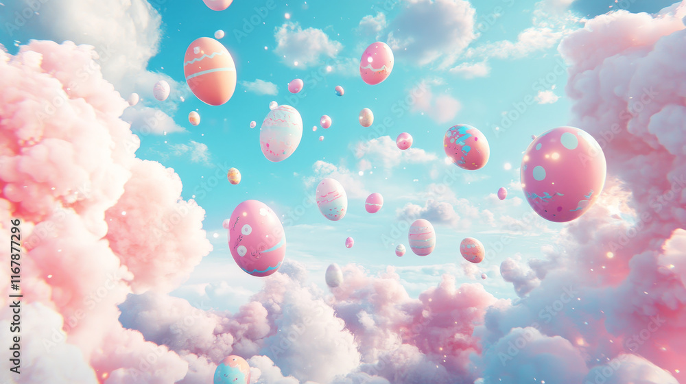 Fototapeta premium Dreamlike scene of vibrant Easter eggs soaring through soft clouds and a radiant blue sky