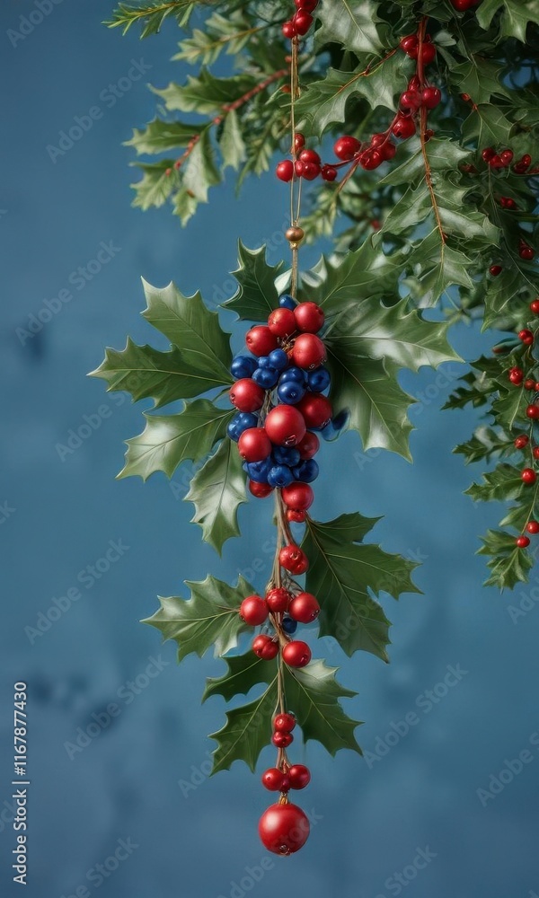Ornament with holly leaves and berries hanging from blue background, christmas, decorations Ornament with holly leaves and berries hanging from blue background, christmas, decorations