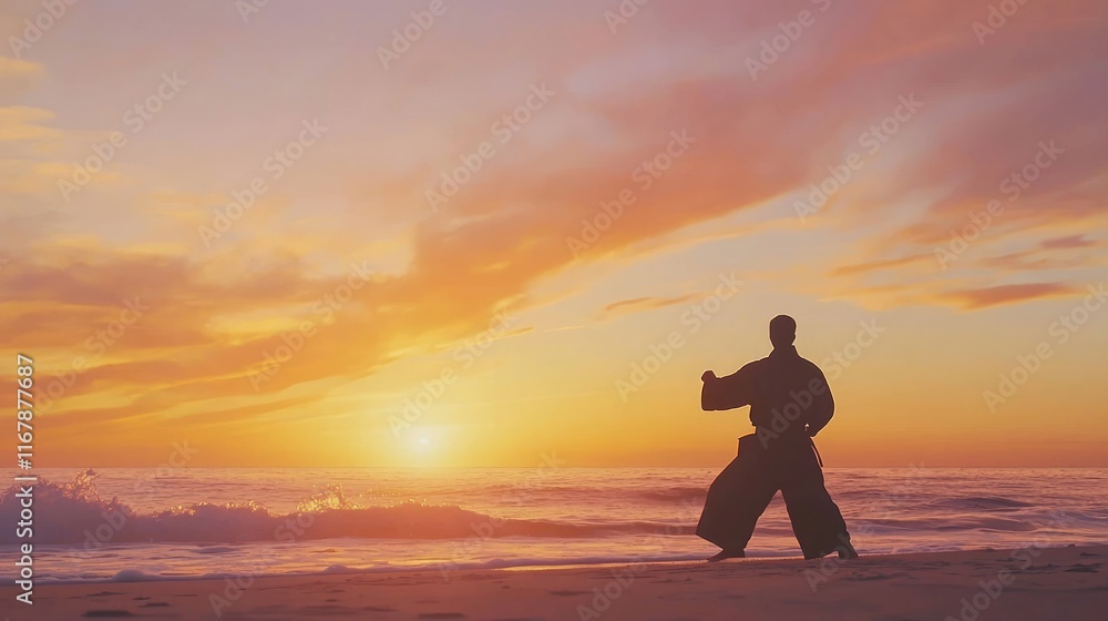 Zen Warrior: Silhouette of Martial Artist Training on Beach at Sunset with Vibrant Sky and Crashing Waves