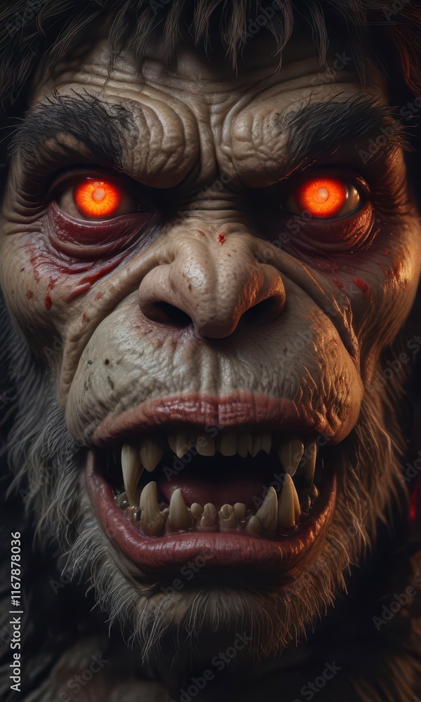 Shaggy monster's close-up face with bright red glowing eyes , closeup, Furry creature, wildlife Shaggy monster's close-up face with bright red glowing eyes , closeup, Furry creature, wildlife
