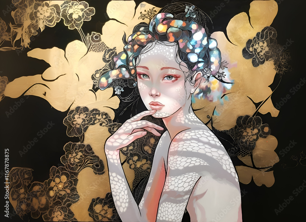 ornamental abstract artwork with beautiful young woman in painting watercolor style. Ai generated