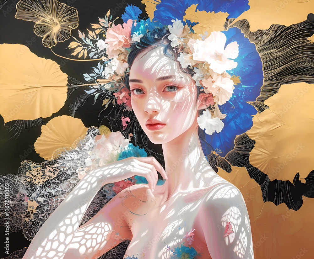amazing ornamental abstract artwork with beautiful young woman in painting watercolor style. Ai generated