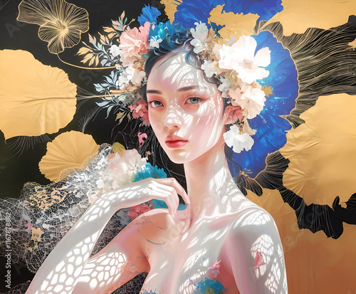 Obraz na płótnie amazing ornamental abstract artwork with beautiful young woman in painting watercolor style. Ai generated w salonie