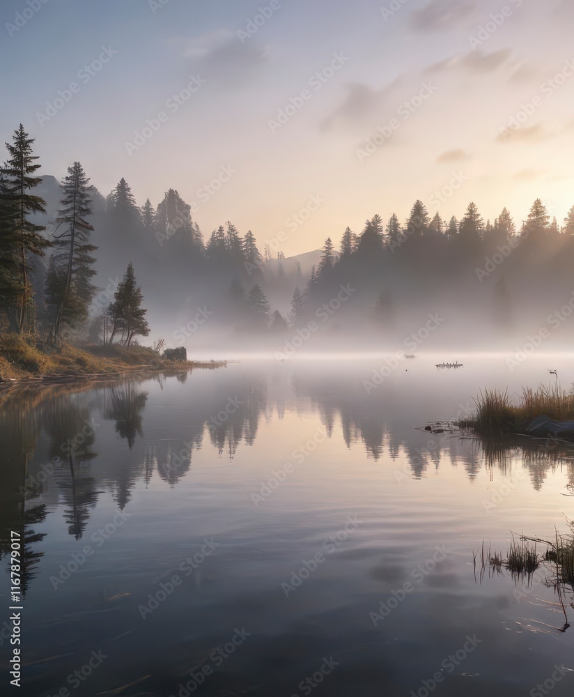 Fototapeta premium Soft white mist rises from a serene lake at dawn, serene lake, misty morning, natural scenery