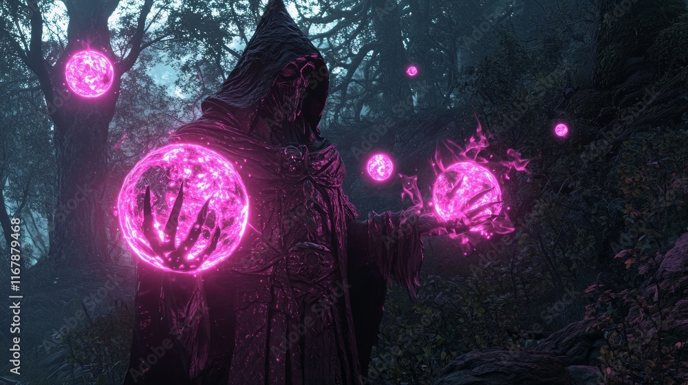 Obraz premium Twilight Sorcery - A Rogue Wizard Conjuring Shadows in Enchanted Forest 3D Render Digital Artwork