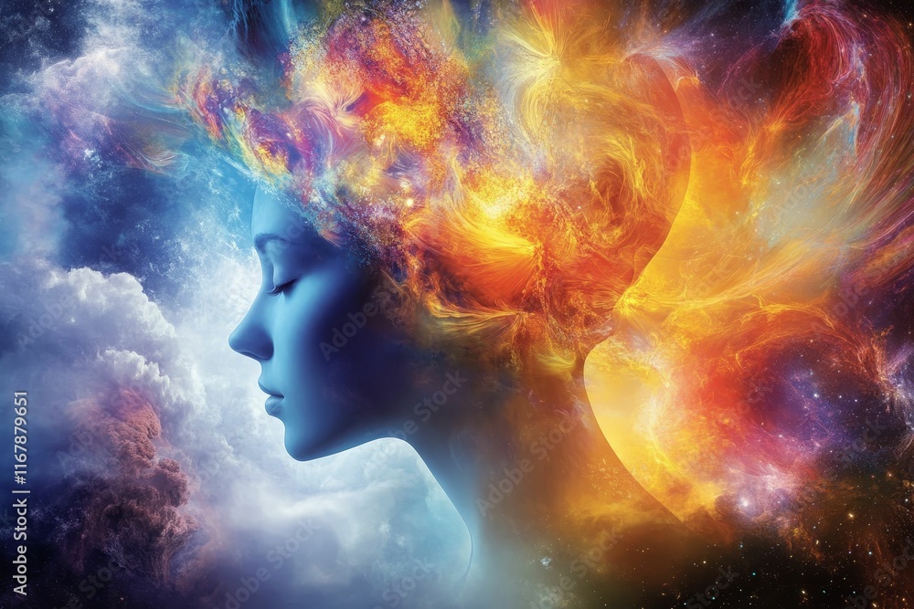Serene face emerges from colorful cosmic nebula. Serene face emerges from colorful cosmic nebula.