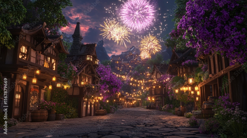 Obraz premium Enchanting Village Festival: Vibrant Costumes, Fireworks, Joyful Atmosphere | 3D Rendered Digital Artwork
